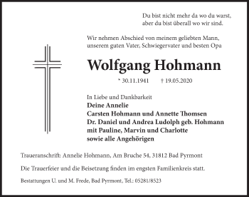 Traueranzeige von Wolfgang Hohmann von Deister- und Weserzeitung