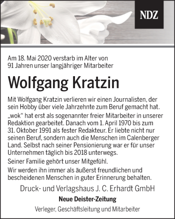 Traueranzeige von Wolfgang Kratzin von Neue Deister-Zeitung