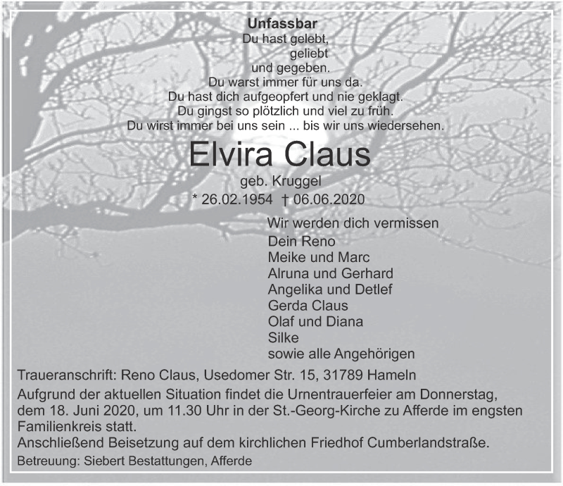  Traueranzeige für Elvira Claus vom 13.06.2020 aus Deister- und Weserzeitung