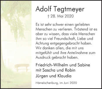 Traueranzeige von Adolf Tegtmeyer von Deister- und Weserzeitung