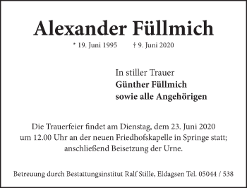 Traueranzeige von Alexander Füllmich von Neue Deister-Zeitung