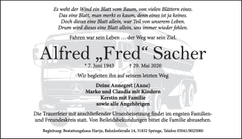 Traueranzeige von Alfred Sacher von Neue Deister-Zeitung
