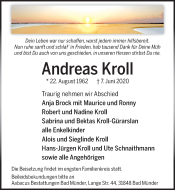 Traueranzeige von Andreas Kroll von Neue Deister-Zeitung