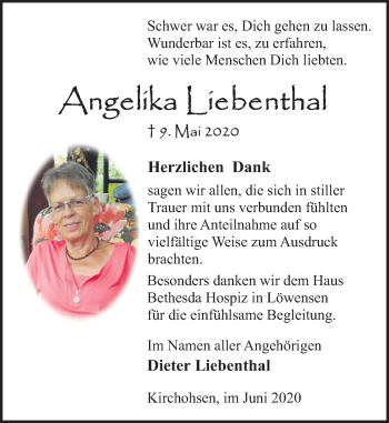 Traueranzeige von Angelika Liebenthal von Deister- und Weserzeitung