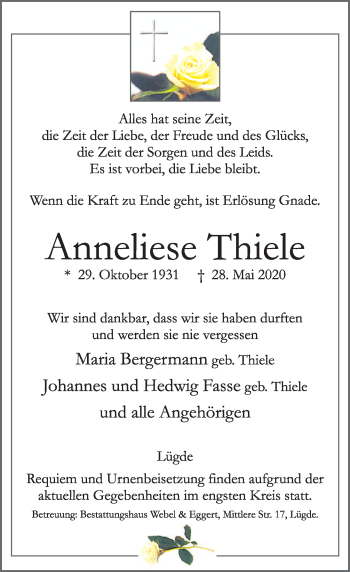 Traueranzeige von Anneliese Thiele von Deister- und Weserzeitung