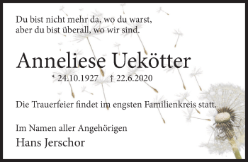 Traueranzeige von Anneliese Uekötter von Deister- und Weserzeitung