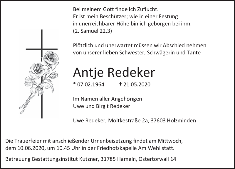  Traueranzeige für Antje Redeker vom 06.06.2020 aus Deister- und Weserzeitung
