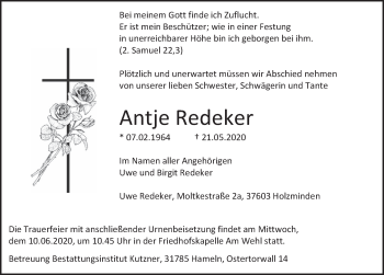 Traueranzeige von Antje Redeker von Deister- und Weserzeitung