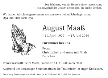 Traueranzeige von August Maaß von Deister- und Weserzeitung