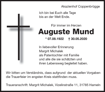 Traueranzeige von Auguste Mund von Deister- und Weserzeitung