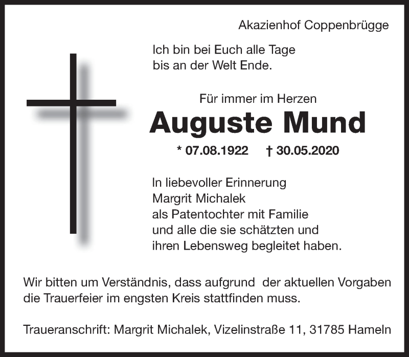 Traueranzeige für Auguste Mund vom 06.06.2020 aus Deister- und Weserzeitung
