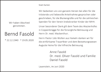 Traueranzeige von Bernd Fasold von Deister- und Weserzeitung
