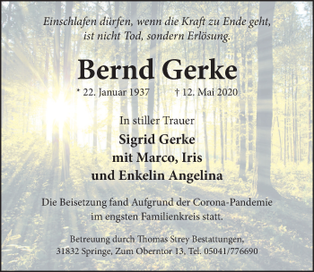 Traueranzeige von Bernd Gerke von Neue Deister-Zeitung