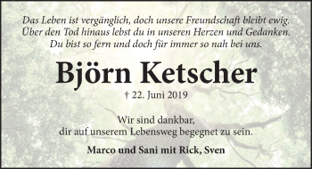 Traueranzeige von Björn Ketscher von Neue Deister-Zeitung