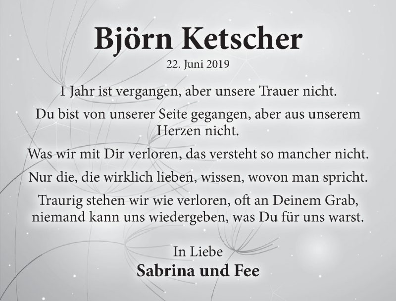  Traueranzeige für Björn Ketscher vom 20.06.2020 aus Neue Deister-Zeitung