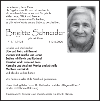Traueranzeige von Brigitte Schneider von Deister- und Weserzeitung