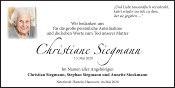 Traueranzeige von Christiane Siegmann von Neue Deister-Zeitung