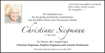 Traueranzeige von Christiane Siegmann von Deister- und Weserzeitung