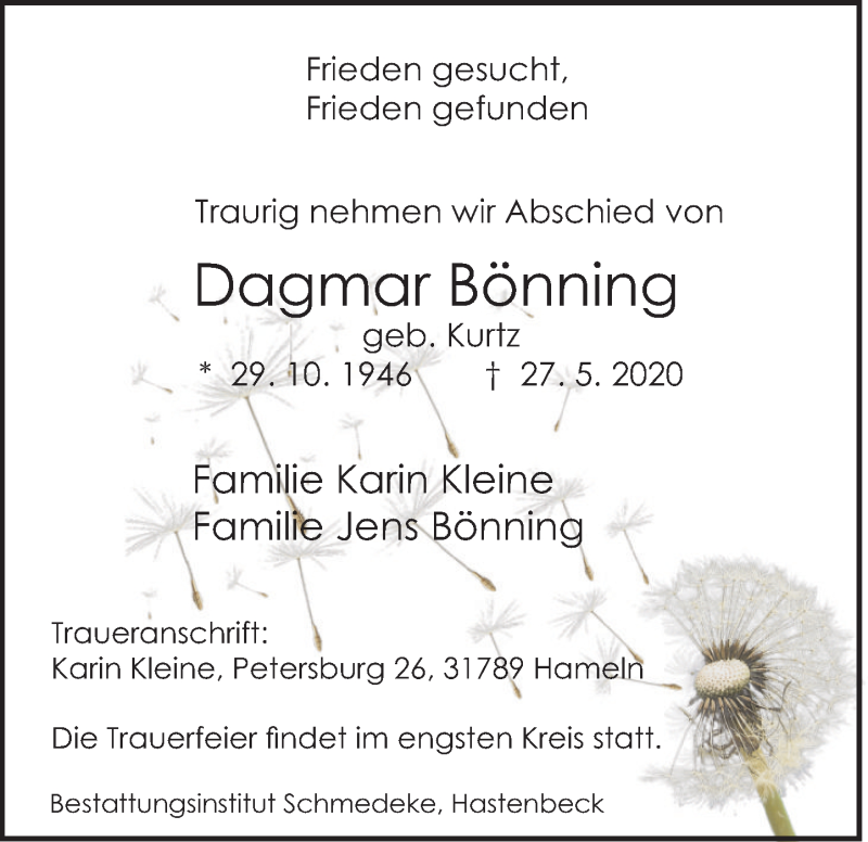  Traueranzeige für Dagmar Bönning vom 06.06.2020 aus Deister- und Weserzeitung