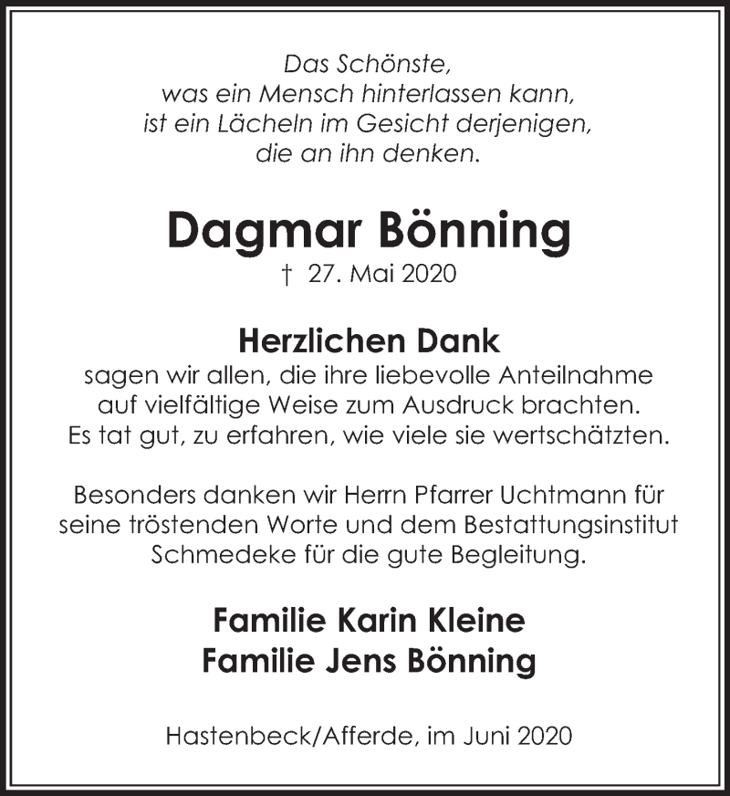  Traueranzeige für Dagmar Bönning vom 20.06.2020 aus Deister- und Weserzeitung