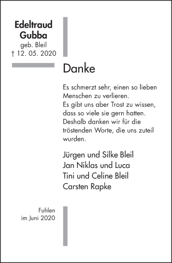 Traueranzeige von Edeltraud Gubba von Deister- und Weserzeitung