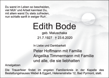 Traueranzeige von Edith Bode von Deister- und Weserzeitung