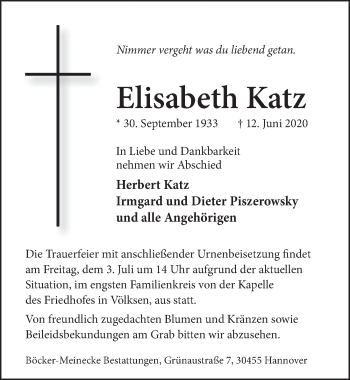 Traueranzeige von Elisabeth Katz von Neue Deister-Zeitung