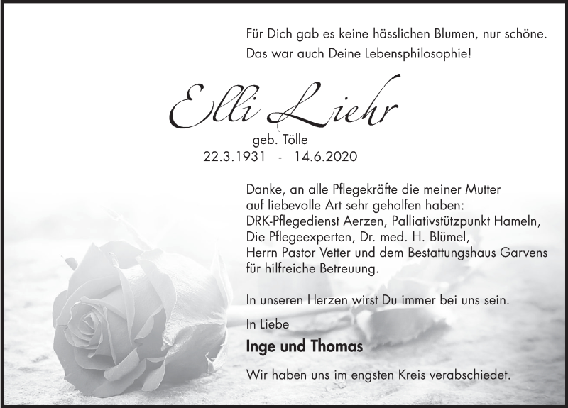  Traueranzeige für Elli Liehr vom 20.06.2020 aus Deister- und Weserzeitung