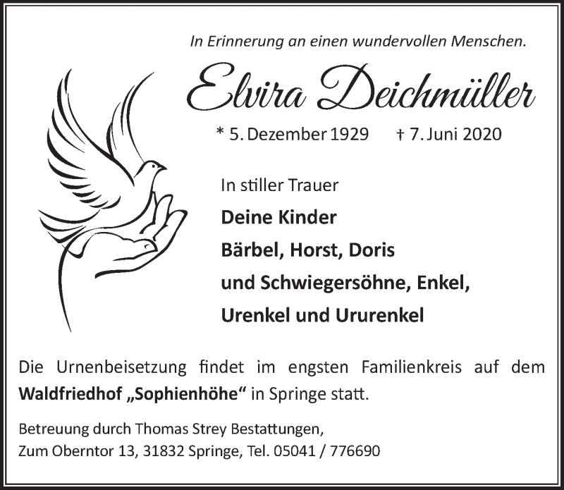 Traueranzeige für Elvira Deichmüller vom 13.06.2020 aus Neue Deister-Zeitung