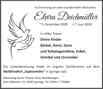Traueranzeige von Elvira Deichmüller von Neue Deister-Zeitung