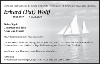 Traueranzeige von Erhard Wolff von Deister- und Weserzeitung