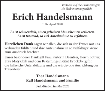 Traueranzeige von Erich Handelsmann von Neue Deister-Zeitung