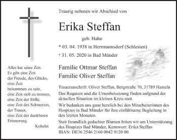 Traueranzeige von Erika Steffan von Deister- und Weserzeitung