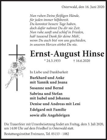 Traueranzeige von Ernst-August Hinse von Deister- und Weserzeitung