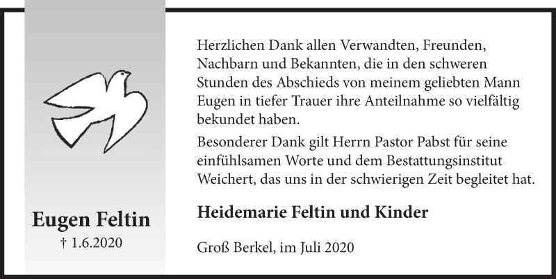  Traueranzeige für Eugen Feltin vom 04.07.2020 aus Deister- und Weserzeitung