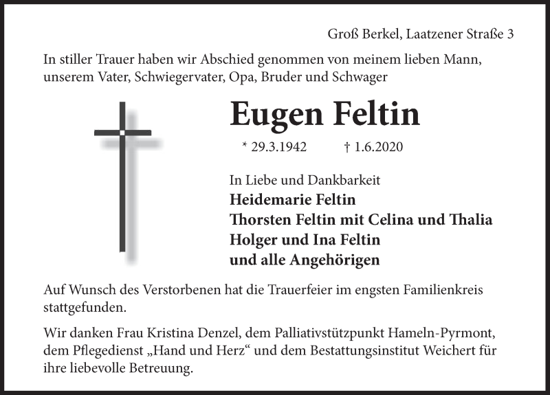  Traueranzeige für Eugen Feltin vom 13.06.2020 aus Deister- und Weserzeitung