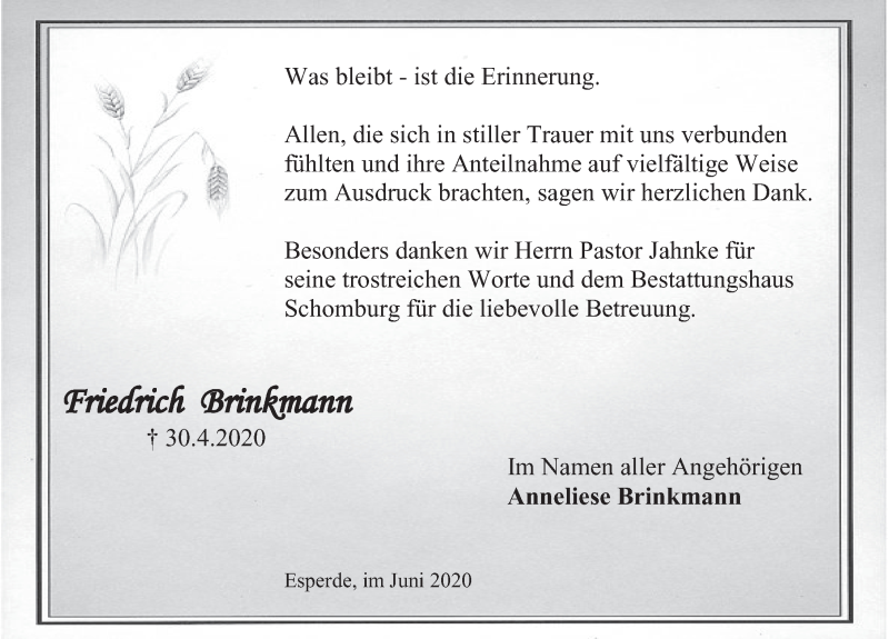  Traueranzeige für Friedrich Brinkmann vom 20.06.2020 aus Deister- und Weserzeitung