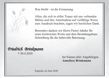 Traueranzeige von Friedrich Brinkmann von Deister- und Weserzeitung