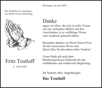 Traueranzeige von Fritz Teutloff von Deister- und Weserzeitung