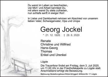 Traueranzeige von Georg Jockel von Deister- und Weserzeitung