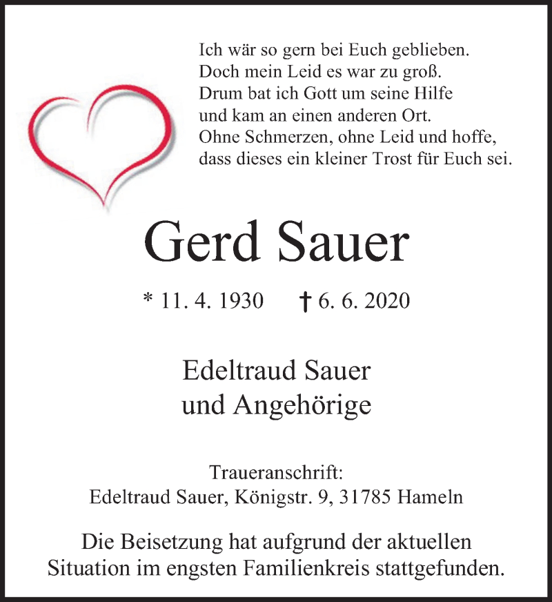  Traueranzeige für Gerd Sauer vom 20.06.2020 aus Deister- und Weserzeitung