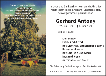 Traueranzeige von Gerhard Antony von Deister- und Weserzeitung