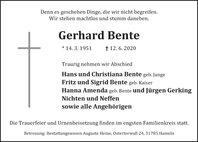  Traueranzeige für Gerhard Bente vom 20.06.2020 aus Deister- und Weserzeitung
