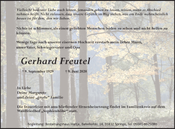 Traueranzeige von Gerhard Freutel von Neue Deister-Zeitung