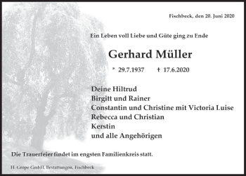 Traueranzeige von Gerhard Müller von Deister- und Weserzeitung