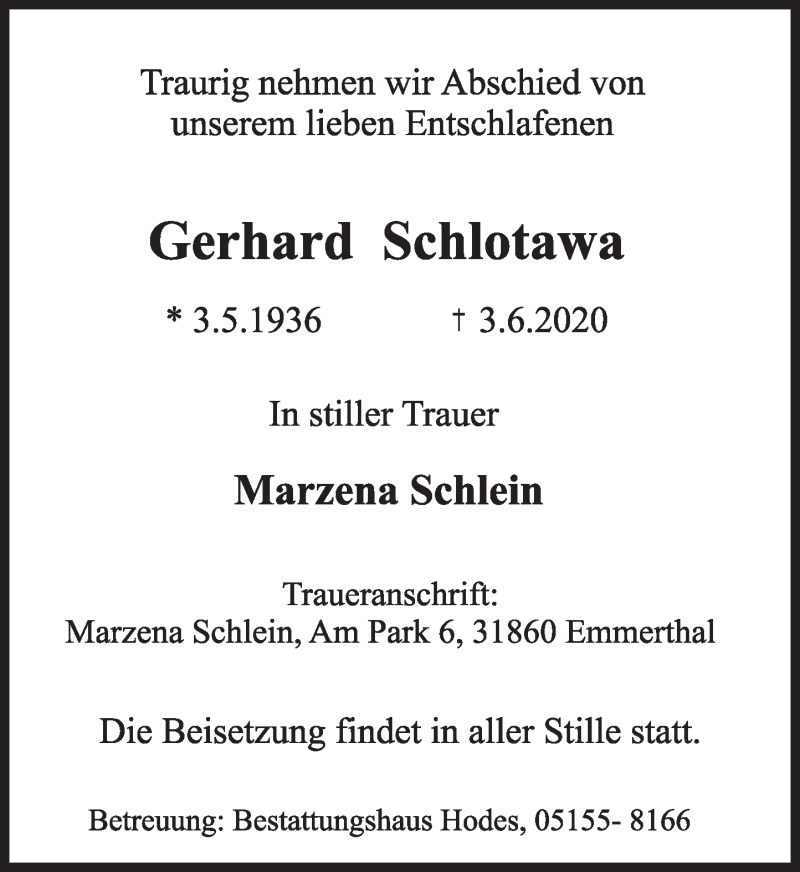  Traueranzeige für Gerhard Schlotawa vom 06.06.2020 aus Deister- und Weserzeitung