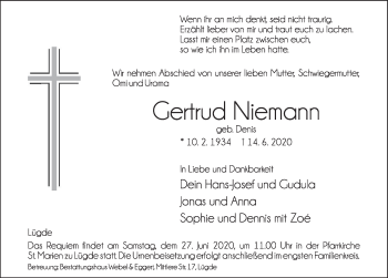 Traueranzeige von Gertrud Niemann von Deister- und Weserzeitung