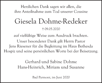 Traueranzeige von Giesela Dohme-Redeker von Deister- und Weserzeitung