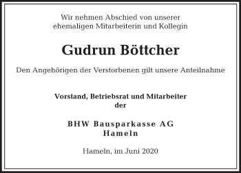Traueranzeige von Gudrun Böttcher von Deister- und Weserzeitung