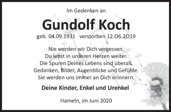 Traueranzeige von Gundolf Koch von Deister- und Weserzeitung